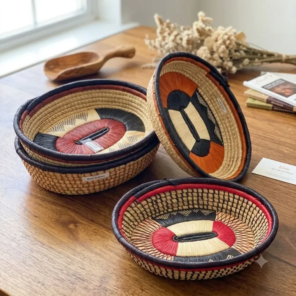 Handmade Kenyan Woven Sisal Basket 11x13 Oval Geometric Boho Bread Bowl Wall Art